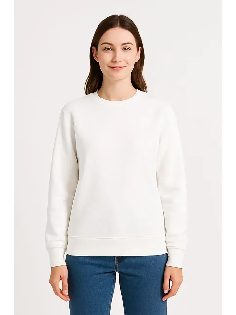 Kadın Üç İplik Düz Bisiklet Yaka Sweatshirt - Beyaz
