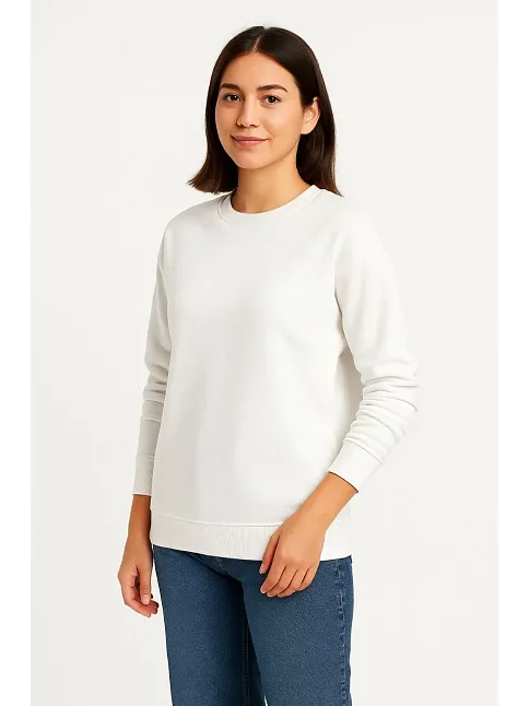 Kadın Üç İplik Düz Bisiklet Yaka Sweatshirt - Beyaz