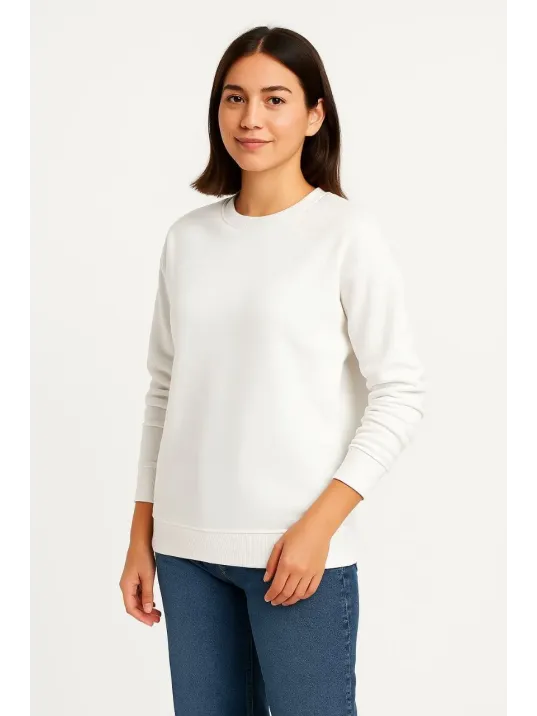 Kadın Üç İplik Düz Bisiklet Yaka SweatShirt - Beyaz Kadın Üç İplik Düz Bisiklet Yaka SweatShirt - Beyaz