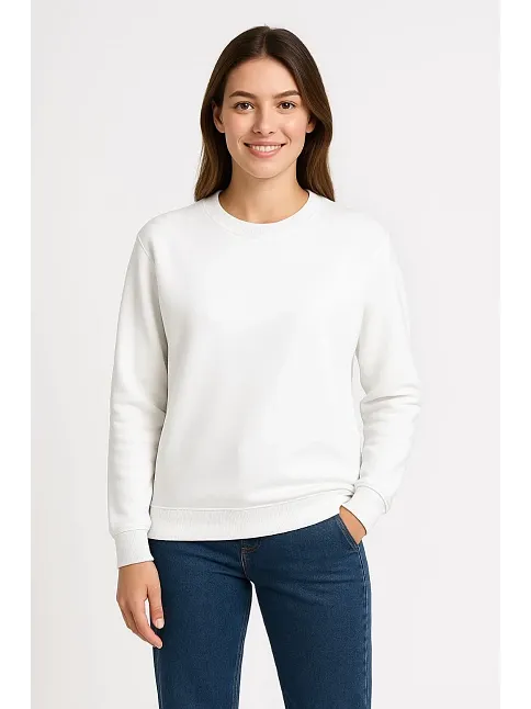 Kadın Üç İplik Düz Bisiklet Yaka Sweatshirt - Beyaz