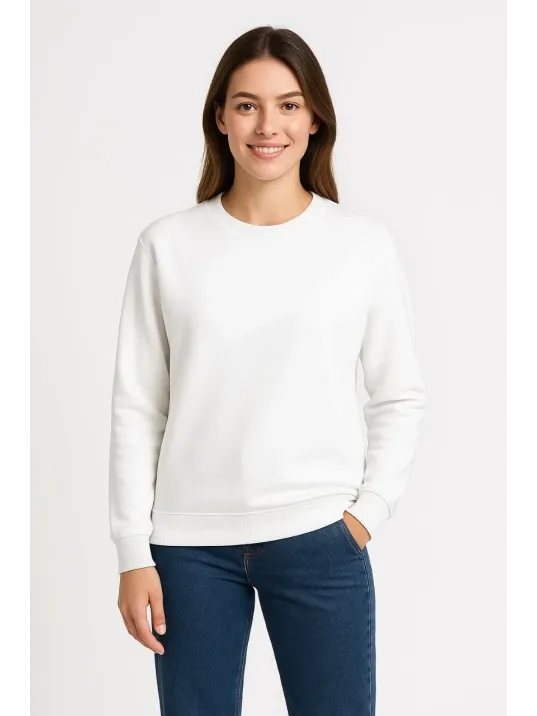 Kadın Üç İplik Düz Bisiklet Yaka SweatShirt - Beyaz Kadın Üç İplik Düz Bisiklet Yaka SweatShirt - Beyaz