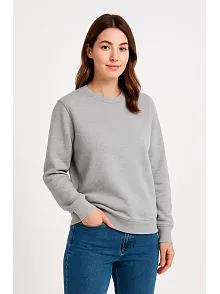 Kadın Üç İplik Düz Bisiklet Yaka Sweatshirt - Gri