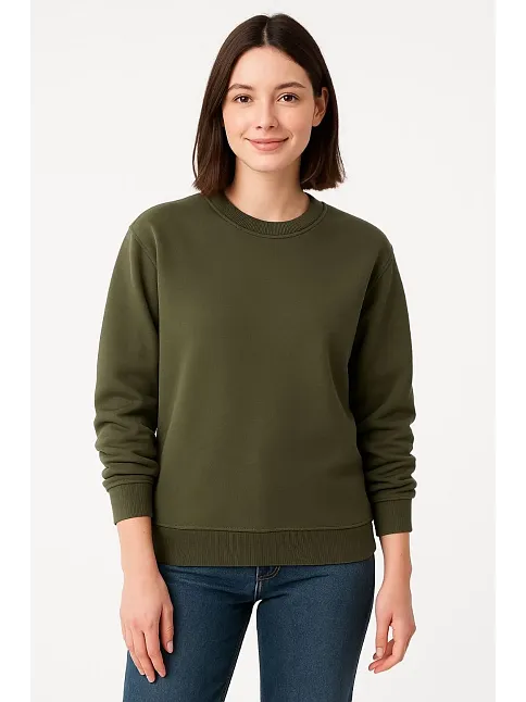 Kadın Üç İplik Düz Bisiklet Yaka Sweatshirt - Haki