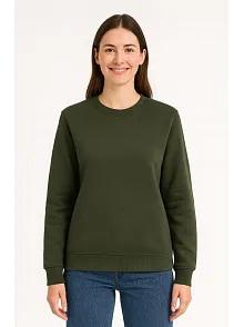 Kadın Üç İplik Düz Bisiklet Yaka Sweatshirt - Haki