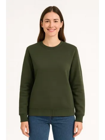 Kadın Üç İplik Düz Bisiklet Yaka Sweatshirt - Haki