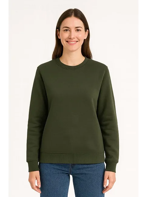 Kadın Üç İplik Düz Bisiklet Yaka Sweatshirt - Haki