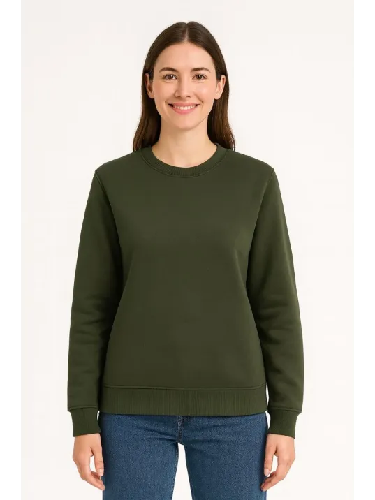 Kadın Üç İplik Düz Bisiklet Yaka Sweatshirt - Haki