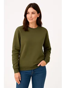 Kadın Üç İplik Düz Bisiklet Yaka Sweatshirt - Haki