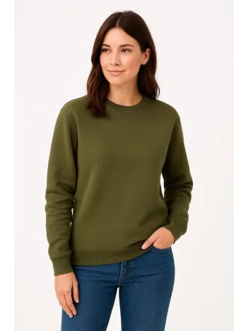 Kadın Üç İplik Düz Bisiklet Yaka Sweatshirt - Haki