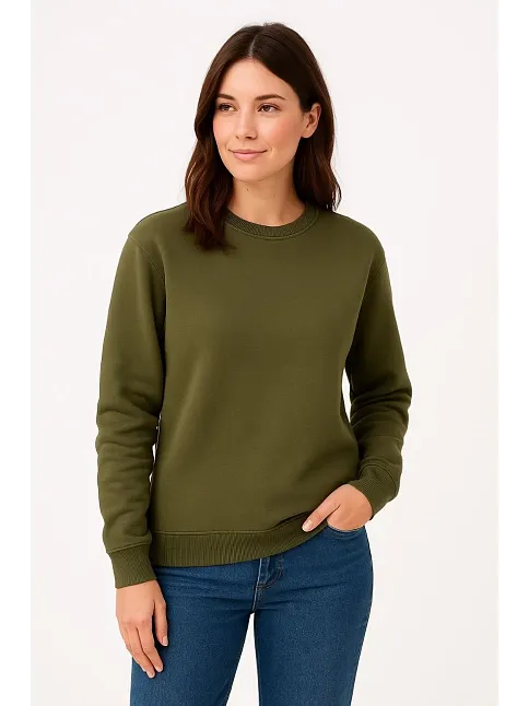 Kadın Üç İplik Düz Bisiklet Yaka Sweatshirt - Haki