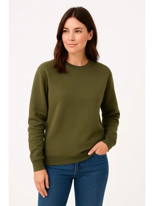 Kadın Üç İplik Düz Bisiklet Yaka Sweatshirt - Haki