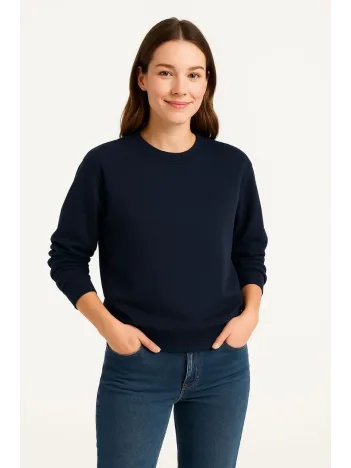 Kadın Üç İplik Düz Bisiklet Yaka Sweatshirt - Lacivert