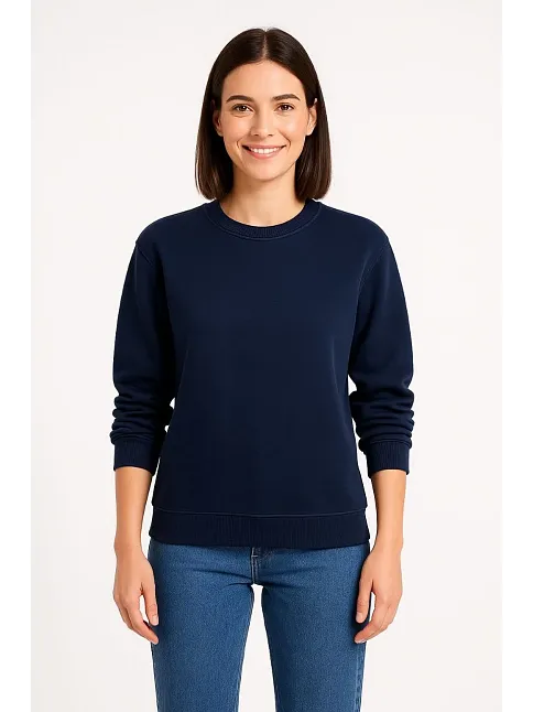 Kadın Üç İplik Düz Bisiklet Yaka Sweatshirt - Lacivert