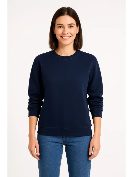 Kadın Üç İplik Düz Bisiklet Yaka Sweatshirt - Lacivert