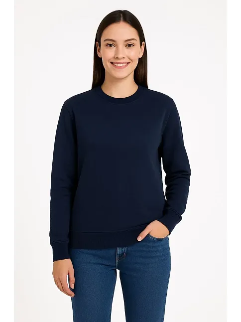Kadın Üç İplik Düz Bisiklet Yaka Sweatshirt - Lacivert