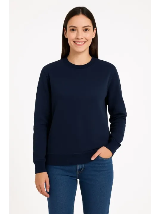 Kadın Üç İplik Düz Bisiklet Yaka Sweatshirt - Lacivert