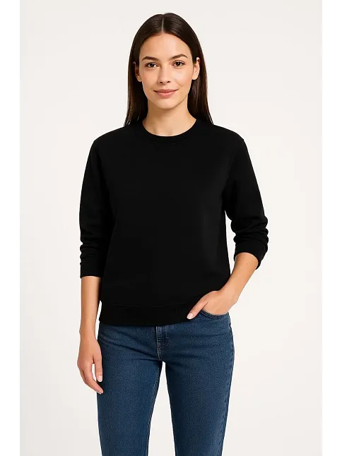 Kadın Üç İplik Düz Bisiklet Yaka Sweatshirt - Siyah