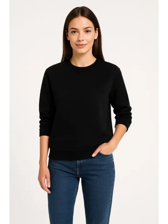 Kadın Üç İplik Düz Bisiklet Yaka SweatShirt - Siyah Kadın Üç İplik Düz Bisiklet Yaka SweatShirt - Siyah