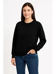Kadın Üç İplik Düz Bisiklet Yaka Sweatshirt - Siyah