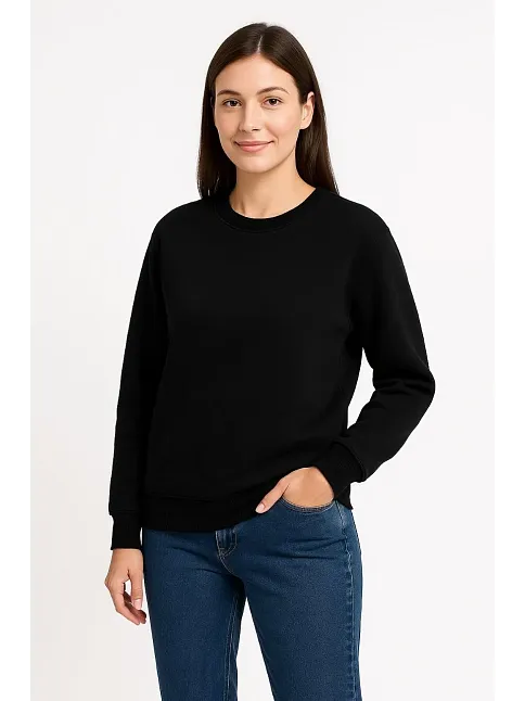 Kadın Üç İplik Düz Bisiklet Yaka Sweatshirt - Siyah