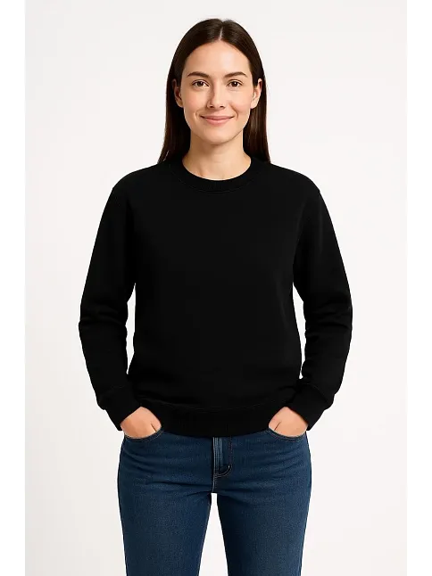 Kadın Üç İplik Düz Bisiklet Yaka Sweatshirt - Siyah
