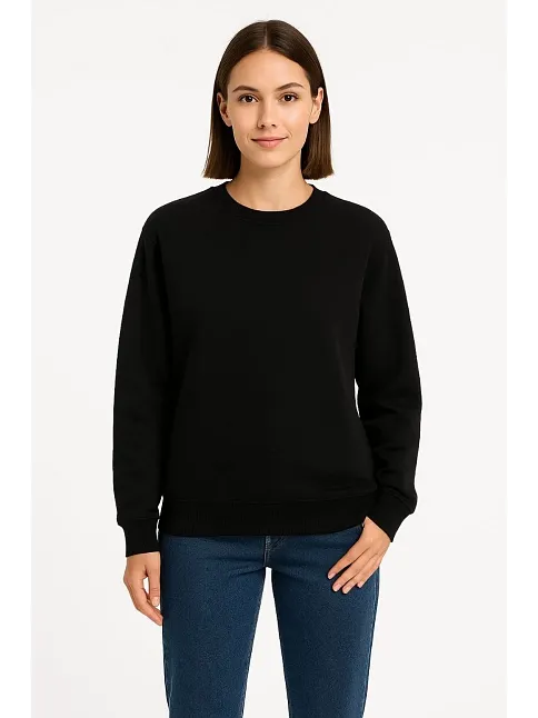 Kadın Üç İplik Düz Bisiklet Yaka Sweatshirt - Siyah