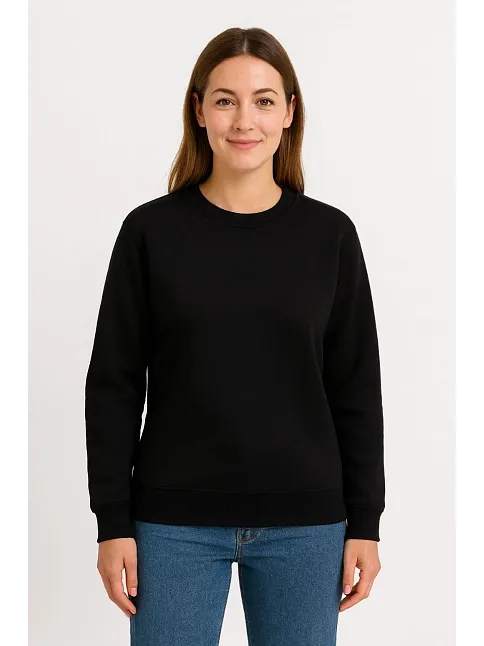 Kadın Üç İplik Düz Bisiklet Yaka Sweatshirt - Siyah