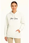 Kadın Oversize Üç İplik Şardonlu Kapüşonlu Sweatshirt – Beyaz “other Lives” Ön Ve Arka Baskılı, Kanguru Cepli, Ribanalı Rahat Kışlık Model Beyaz