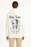 Kadın Kapşonlu Sweatshirt – Oversize Üç İplik Şardonlu Hoodie, “other Lives” Ön & Arka Baskılı, Kanguru Cepli, Kışlık Rahat Günlük Stil - Beyaz