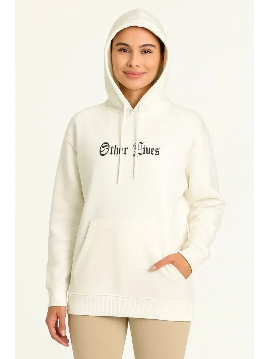 Kadın Kapşonlu Sweatshirt – Oversize Üç İplik Şardonlu Hoodie, “Other Lives” Ön & Arka Baskılı, Kanguru Cepli, Kışlık Rahat Günlük Stil - Beyaz