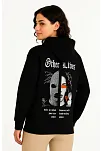 Kadın Kapşonlu Sweatshirt – Oversize Üç İplik Şardonlu Hoodie, “other Lives” Ön & Arka Baskılı, Kanguru Cepli, Kışlık Rahat Günlük Stil- Siyah