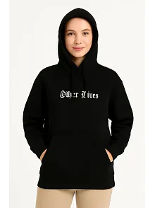 Kadın Kapşonlu Sweatshirt – Oversize Üç İplik Şardonlu Hoodie, “other Lives” Ön & Arka Baskılı, Kanguru Cepli, Kışlık Rahat Günlük Stil- Siyah