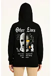 Kadın Kapşonlu Sweatshirt – Oversize Üç İplik Şardonlu Hoodie, “other Lives” Ön & Arka Baskılı, Kanguru Cepli, Kışlık Rahat Günlük Stil- Siyah