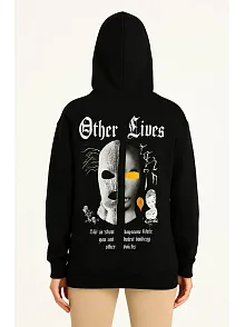 Kadın Kapşonlu Sweatshirt – Oversize Üç İplik Şardonlu Hoodie, “other Lives” Ön & Arka Baskılı, Kanguru Cepli, Kışlık Rahat Günlük Stil- Siyah