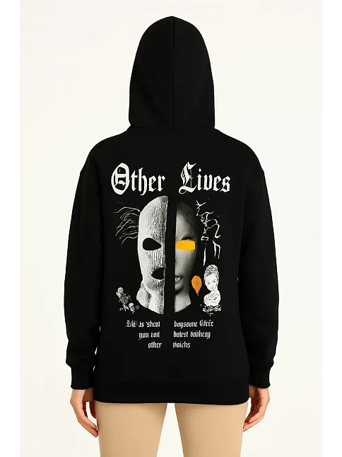 Kadın Kapşonlu Sweatshirt – Oversize Üç İplik Şardonlu Hoodie, “other Lives” Ön & Arka Baskılı, Kanguru Cepli, Kışlık Rahat Günlük Stil- Siyah