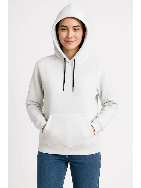 Kadın Üç İplik Kapüşonlu Kanguru Çepli Sweatshirt Hoodie - Beyaz