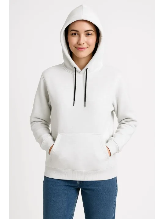 Kadın Üç İplik Kapüşonlu Kanguru Çepli SweatShirt hoodie - Beyaz Kadın Üç İplik Kapüşonlu Kanguru Çepli SweatShirt hoodie - Beyaz