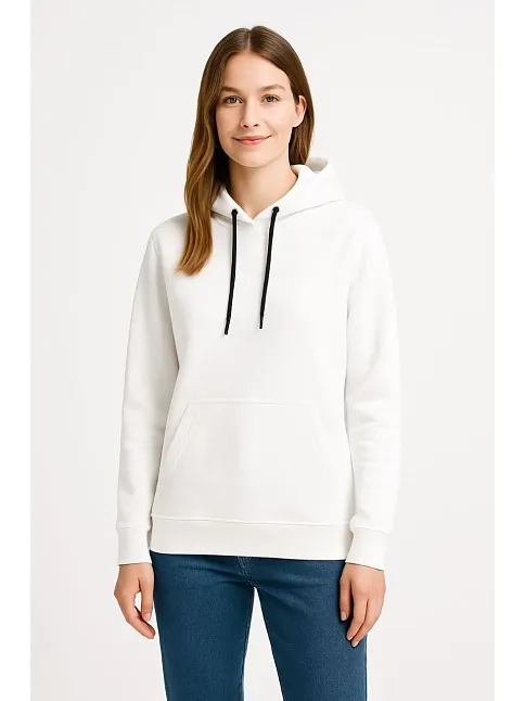 Kadın Üç İplik Kapüşonlu Kanguru Çepli Sweatshirt Hoodie - Beyaz