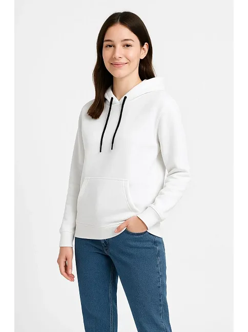 Kadın Üç İplik Kapüşonlu Kanguru Çepli Sweatshirt Hoodie - Beyaz