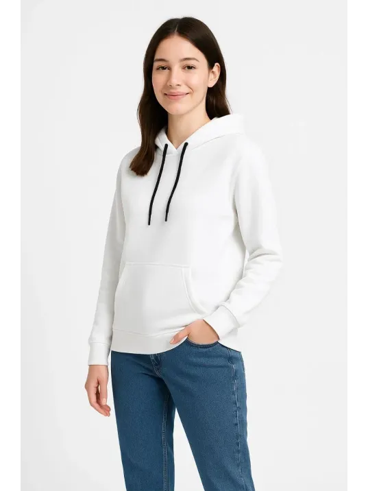 Kadın Üç İplik Kapüşonlu Kanguru Çepli SweatShirt hoodie - Beyaz Kadın Üç İplik Kapüşonlu Kanguru Çepli SweatShirt hoodie - Beyaz