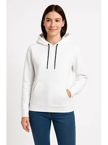 Kadın Üç İplik Kapüşonlu Kanguru Çepli Sweatshirt Hoodie - Beyaz