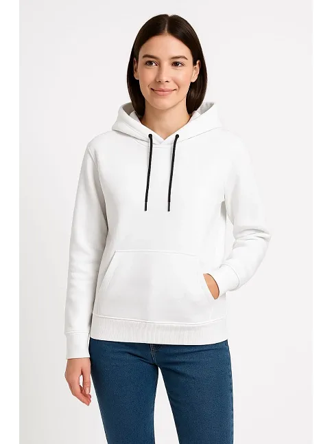 Kadın Üç İplik Kapüşonlu Kanguru Çepli Sweatshirt Hoodie - Beyaz