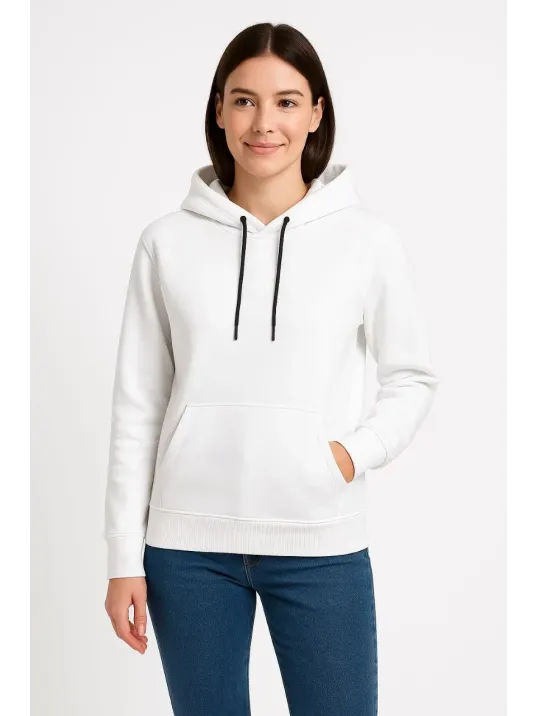 Kadın Üç İplik Kapüşonlu Kanguru Çepli SweatShirt hoodie - Beyaz Kadın Üç İplik Kapüşonlu Kanguru Çepli SweatShirt hoodie - Beyaz