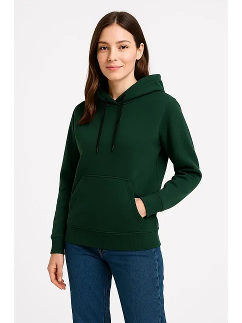 Kadın Üç İplik Kapüşonlu Kanguru Cepli Sweatshirt Hoodie - Haki