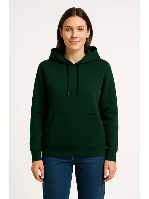 Kadın Üç İplik Kapüşonlu Kanguru Cepli Sweatshirt Hoodie - Haki