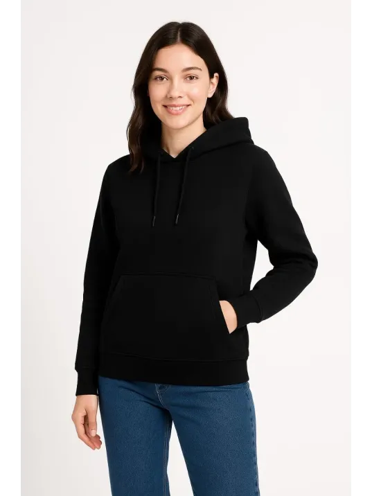 Kadın Üç İplik Kapüşonlu Kanguru Cepli Sweatshirt hoodie - Siyah Kadın Üç İplik Kapüşonlu Kanguru Cepli Sweatshirt hoodie - Siyah