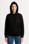 Kadın Üç İplik Kapüşonlu Kanguru Cepli Sweatshirt Hoodie - Siyah