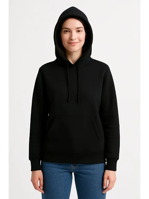 Kadın Üç İplik Kapüşonlu Kanguru Cepli Sweatshirt Hoodie - Siyah