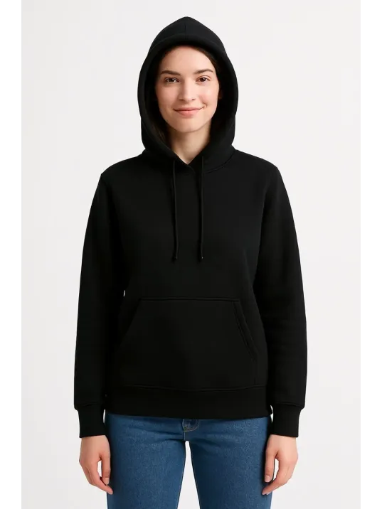 Kadın Üç İplik Kapüşonlu Kanguru Cepli Sweatshirt hoodie - Siyah Kadın Üç İplik Kapüşonlu Kanguru Cepli Sweatshirt hoodie - Siyah