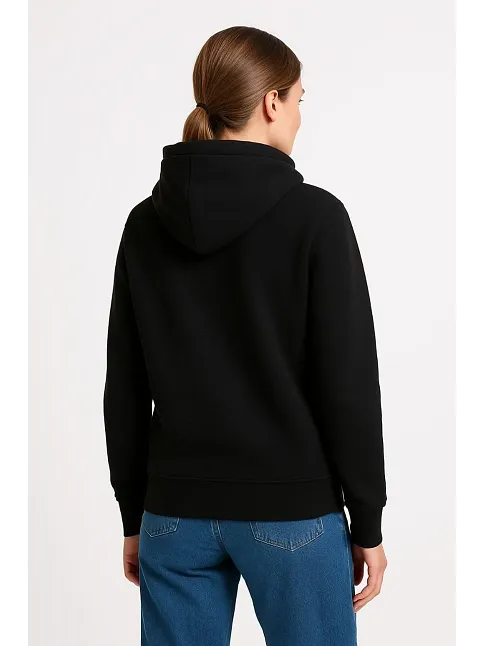 Kadın Üç İplik Kapüşonlu Kanguru Cepli Sweatshirt Hoodie - Siyah